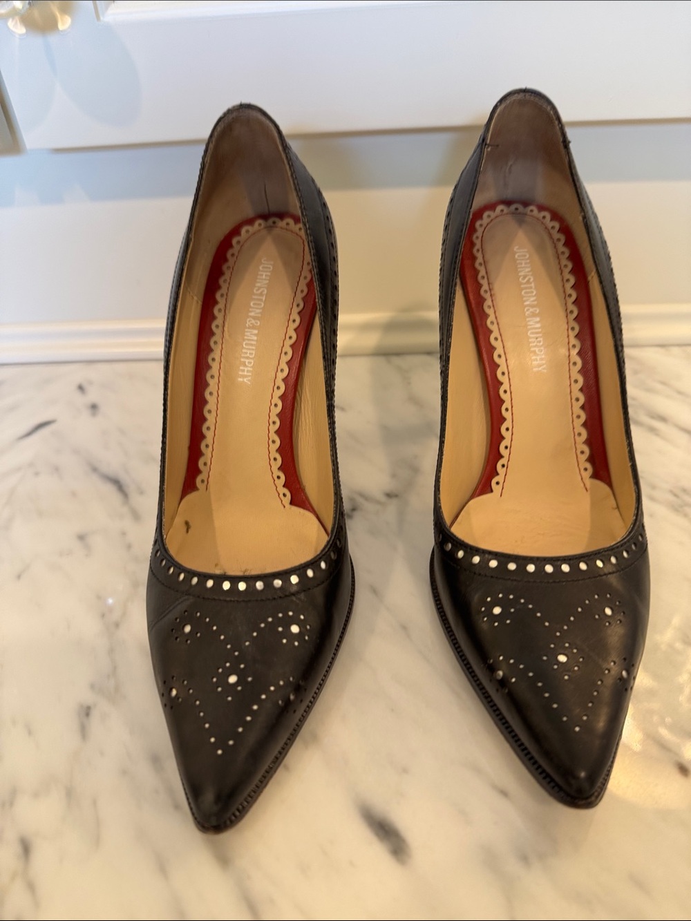 Johnston & Murphy Black Perforated Pointed-Toe Heels with Stud Accents